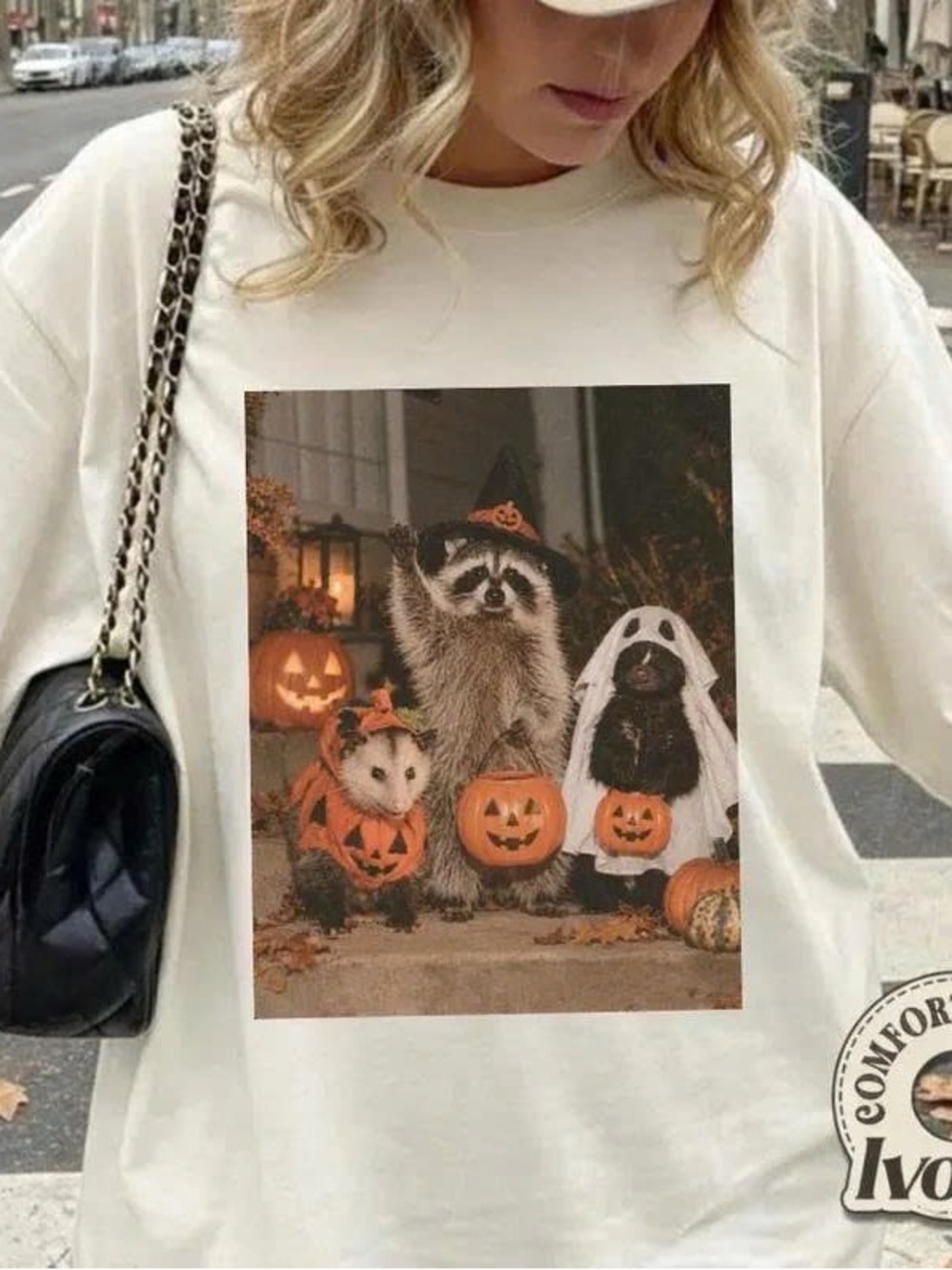 Ivory Women's Halloween Raccoon & Friends Graphic Tee